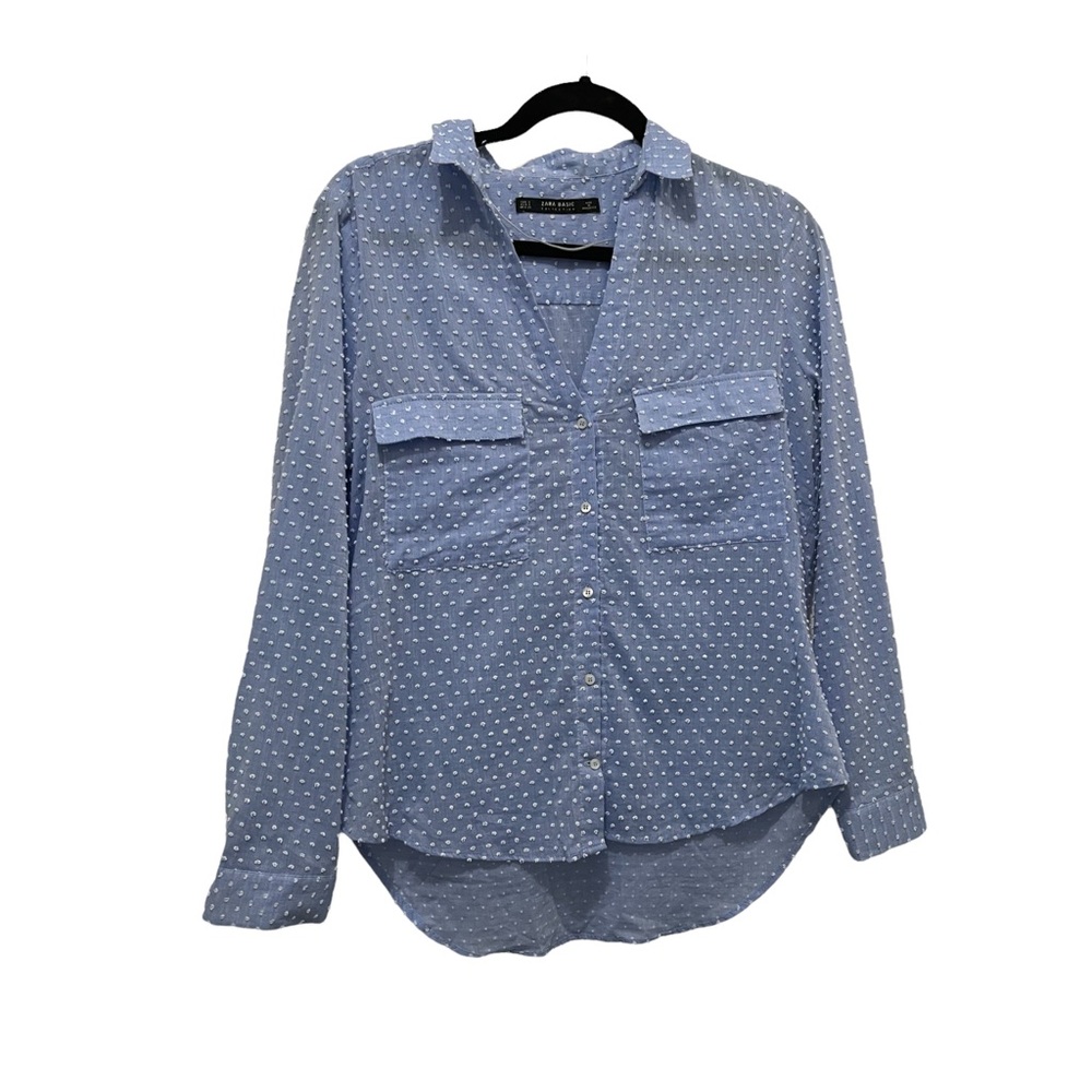 Zara Basic Cotton Swiss Dot Light Blue Button Up Long Sleeve Shirt Womens Sz S